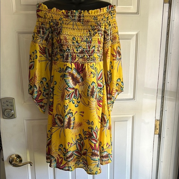 FARM RIO + ANTHROPOLOGIE SMOCKED MINI DRESS IN YELLOW TROPICAL SIZE XS - Picture 2 of 15